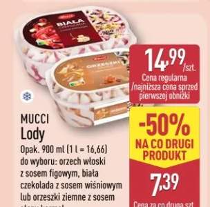 Lody do wyboru: orzech włoski z sosem figowym, biała czekolada z sosem wiśniowym lub orzeszki ziemne z sosem słony karmel