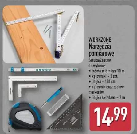 Narzędzia pomiarowe taśma miernicza 10 m, kątowniki 2 szt., linijka 100 cm, kątownik oraz zestaw markerów, linijka składana 2 m