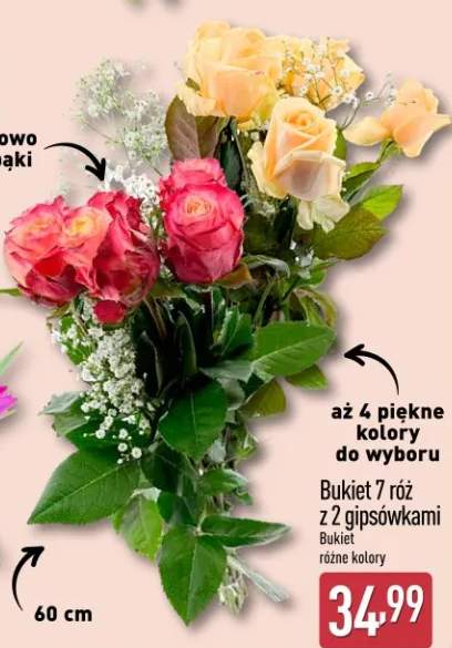 Bukiet 7 róż z 2 gipsówkami różne kolory