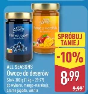 Owoce do deserów do wyboru: mango-marakuja, czarna jagoda, wiśnia