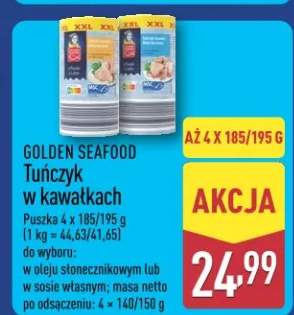 Tuńczyk w kawałkach puszka 4x185/195g do wyboru: w oleju słonecznikowym lub w sosie pomidorowym po odsączeniu: 4x140/150g