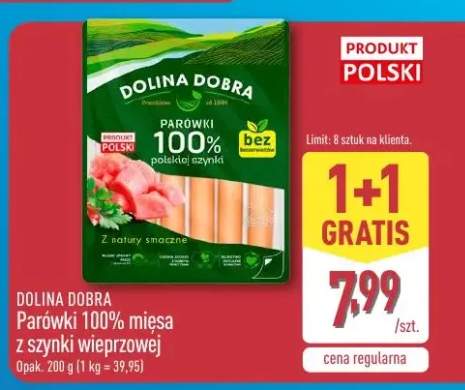Parówki 100% mięsa z szynki wieprzowej Dolina Dobra