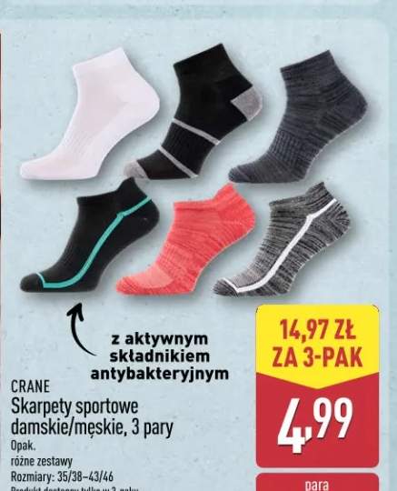 Skarpety sportowe damskie/męskie Crane z aktywnym składnikiem antybakteryjnym rozmiary 35/38-43/46