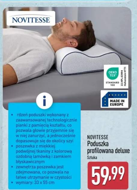 Poduszka profilowana deluxe Novitesse 33x55cm z pianką z pamięcią kształtu