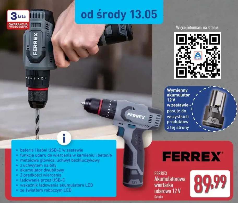 Akumulatorowa wiertarka udarowa Ferrex 12V
