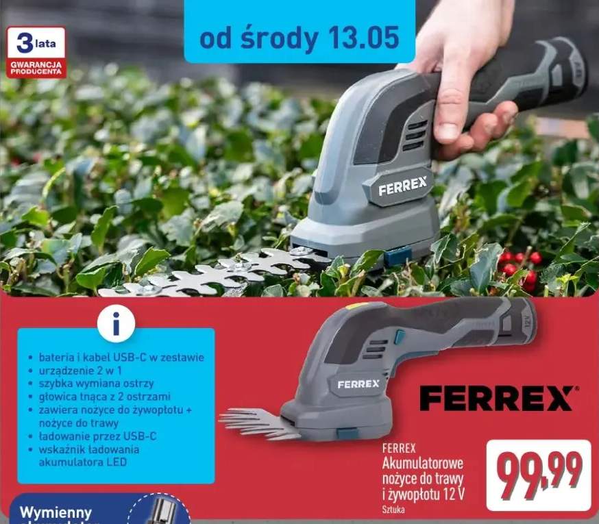 Akumulatorowe nożyce do trawy i żywopłotu 12V Ferrex