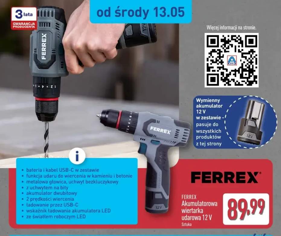Akumulatorowa wiertarka udarowa FERREX 12V