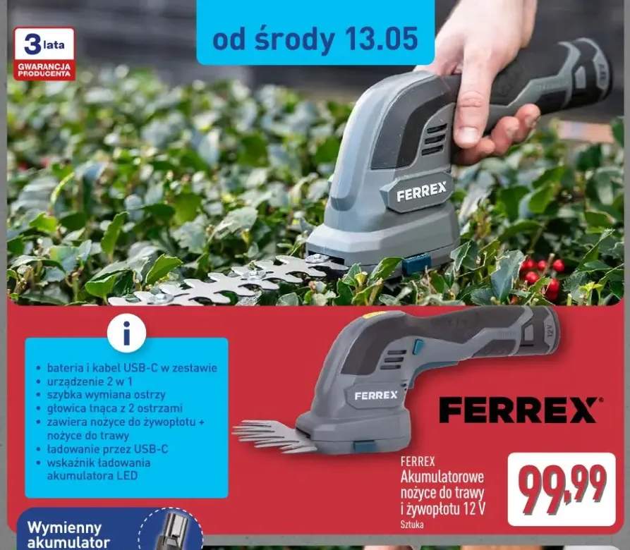 Akumulatorowe nożyce do trawy i żywopłotu 12V FERREX