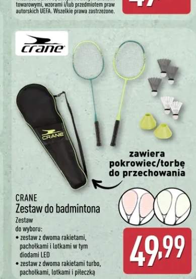 Zestaw do badmintona z dwoma rakietami, pachołkami i lotkami w tym diodami LED Crane