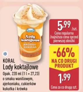 Lody koktajlowe KORAL o smaku waniliowym, ajerkoniaku, cukierków kukułka i krówka