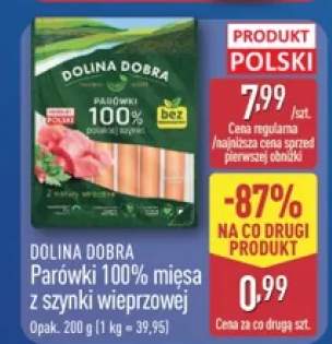 Parówki 100% mięsa z szynki wieprzowej Dolina Dobra