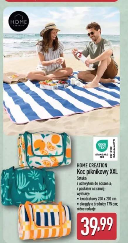 Koc piknikowy XXL Home Creation okrągły o średnicy 175cm z uchwytem do noszenia z paskiem na ramię