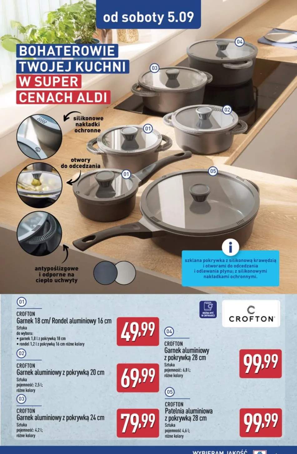 Garnek aluminiowy z pokrywką Crofton 1,8 l 18 cm +5 wariantów