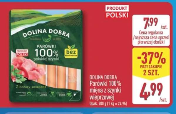 Parówki 100% mięsa z szynki wieprzowej Dolina Dobra