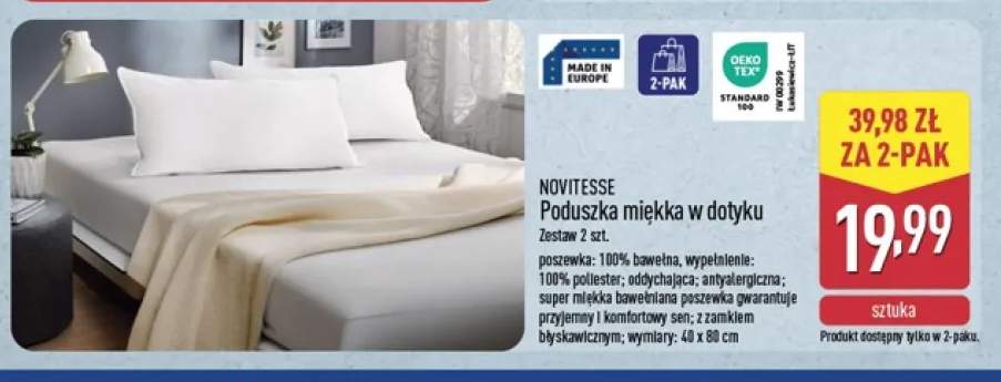 Poduszka miękka w dotyku 2-pak Novitesse 40x80 cm