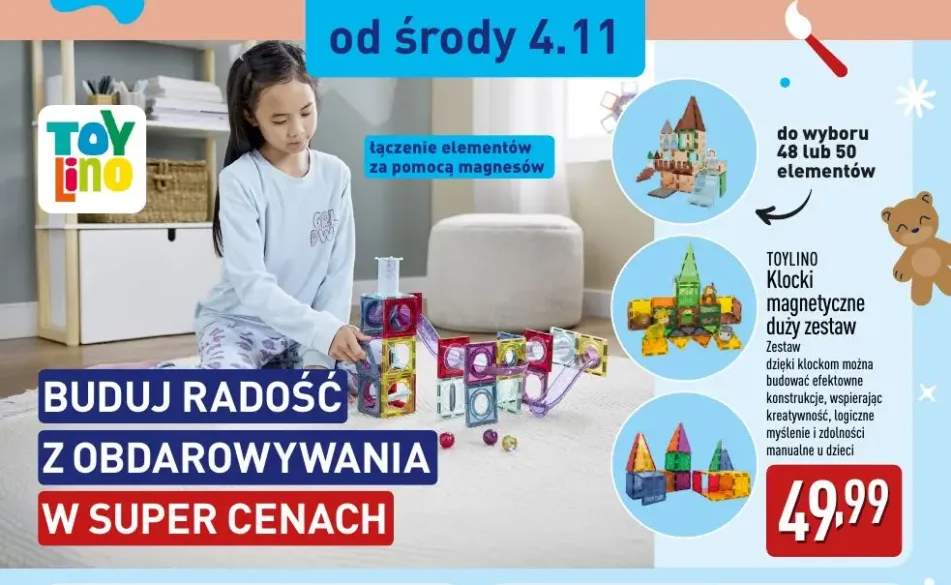 Klocki magnetyczne duży zestaw 48 elementów Toylino +1 wariant