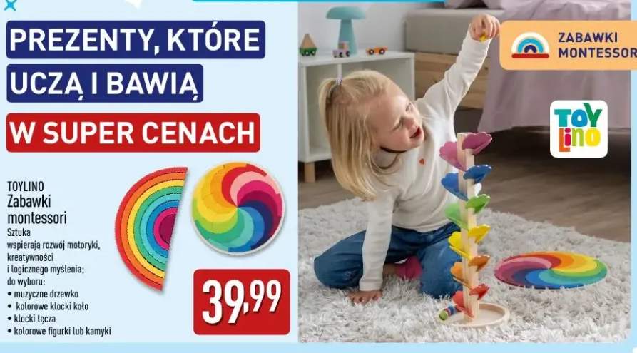 Zabawki Montessori kolorowe klocki koło Toylino +4 warianty